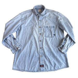 Distressed Dickies Denim Shirt Mens Large Long Sleeve Button Up Light Wash